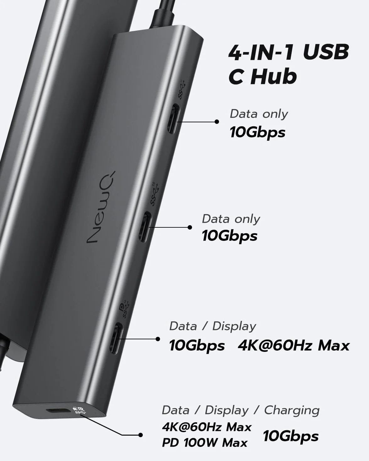 Hub USB C Video Hub NEWQ typ C 3.2 monitor prądu wstecznego, wyświetlacz wideo 4K @ 30-60 Hz, 4 x USB-C 3.2 GEN2 10 Gbit/s, obsługuje PD 100 W max, z kablem wideo