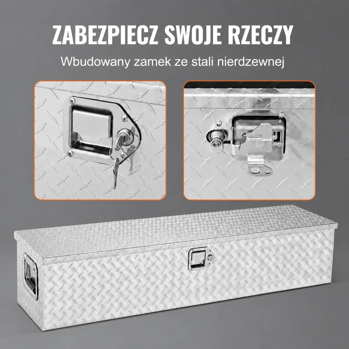 Aluminiowa skrzynka narzędziowa do samochodu, srebrna ryflowana obudowa z uchwytem bocznym i kluczami do paki pick-upa