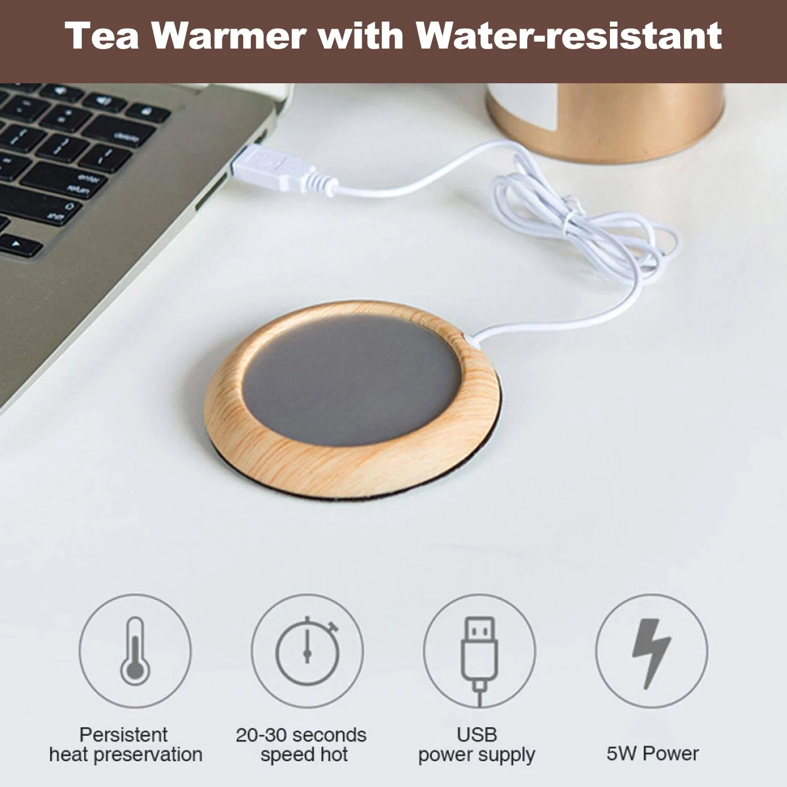 Kubek do kawy USB cieplej Coaster, podgrzewacz do filiżanek z drewna ziarno ciepła mata pod kubek do napojów, płyta grzewcza do kawy z mlekiem do użytku biurowego/domowego (jasne ziarno drewna)