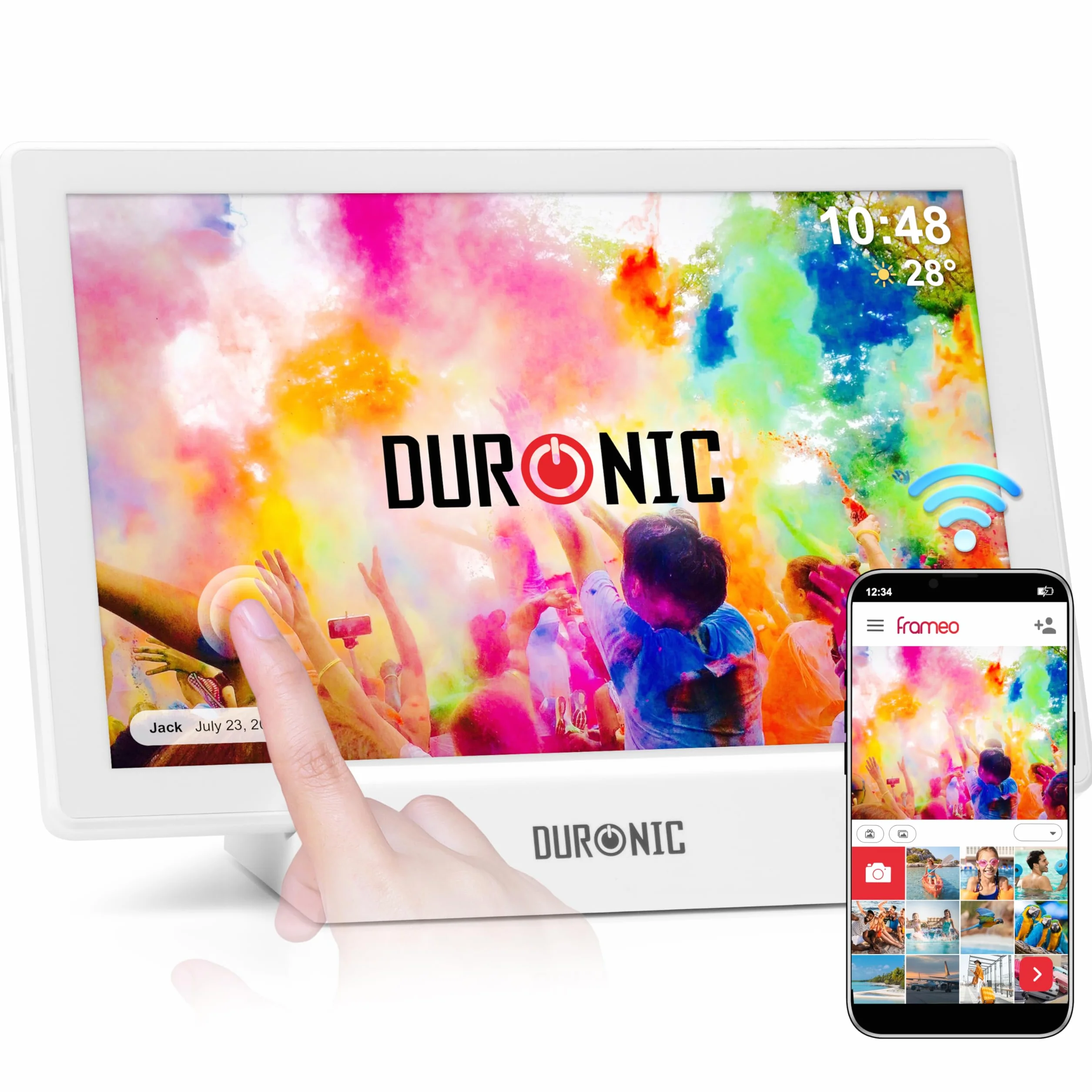 Duronic Frameo PF1D WE Ramka cyfrowa na zdjęcia Wi-Fi wbudowana pamięć 32 GB cyfrowa ramka na zdjęcia USB-C rozdzielczość 1280 x 800 Ekran dotykowy o przekątnej 10,1 cala
