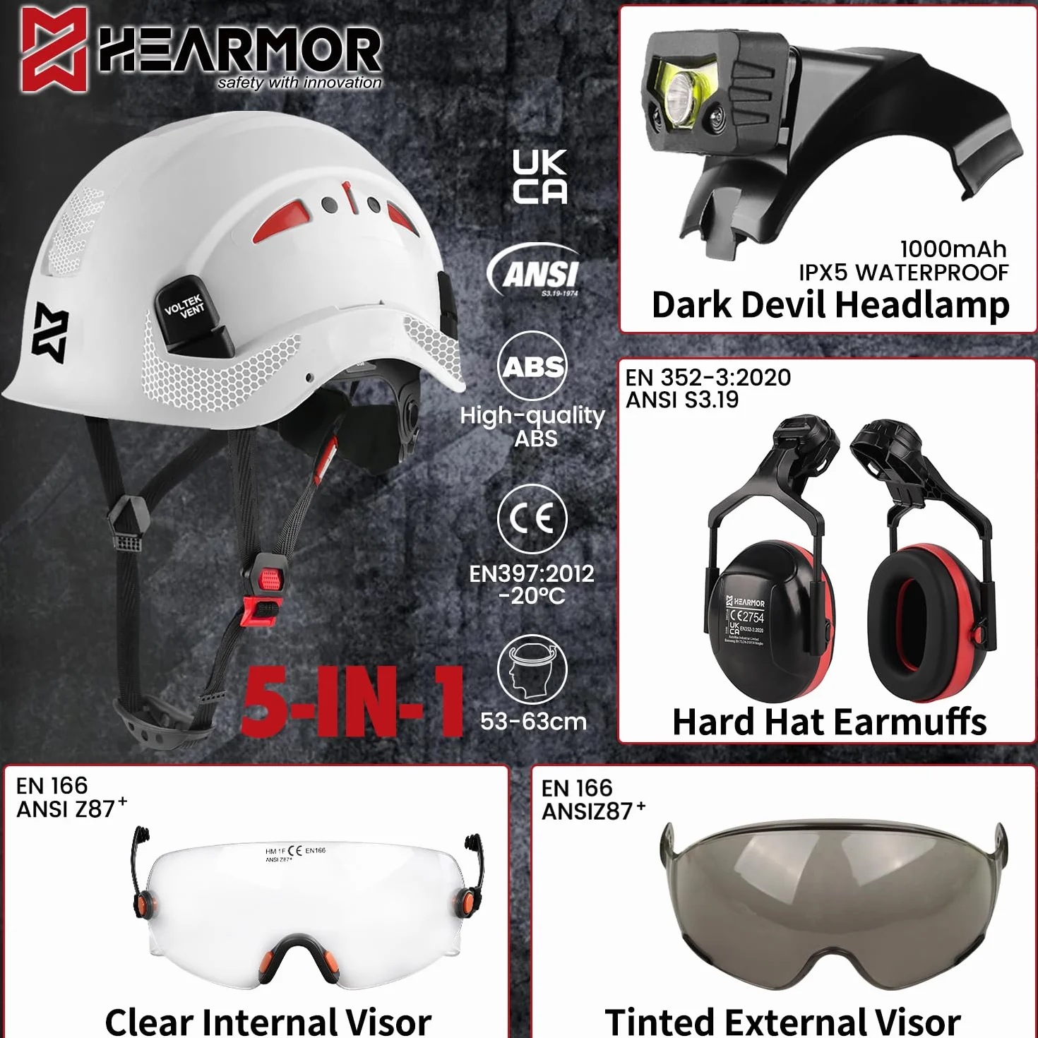 HEARMOR VOLTEK CE EN397 kask ochronny z certyfikatem CE EN397 z lampą czołową LED + wizjerem i ochroną słuchu | do prac leśnych, prac budowlanych i wspinaczki | wysokiej jakości kask roboczy z