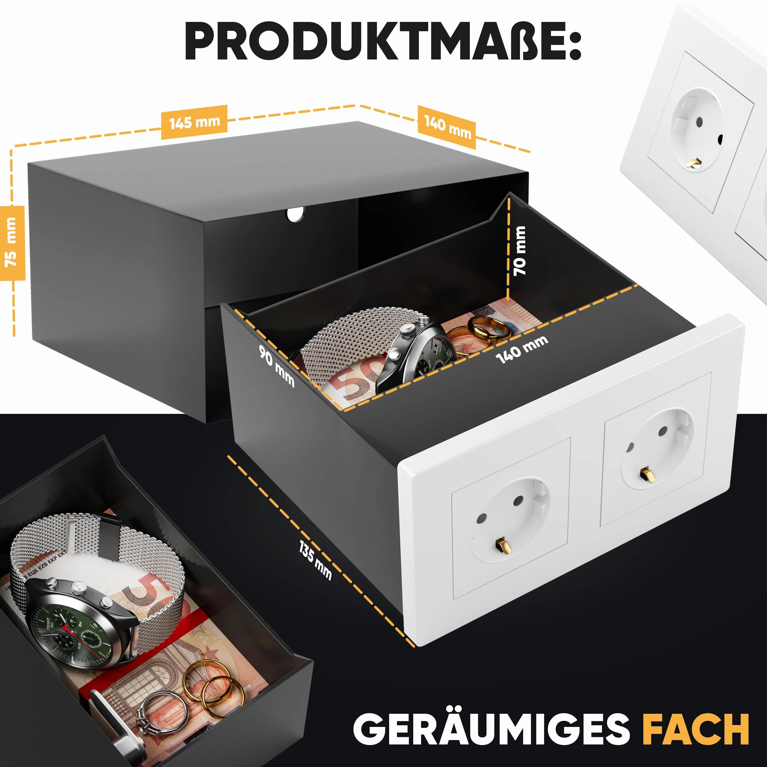 Sejf ścienny z podwójnym gniazdkiem Schuko, mini sejf do gniazdka, z kluczami, tajny schowek