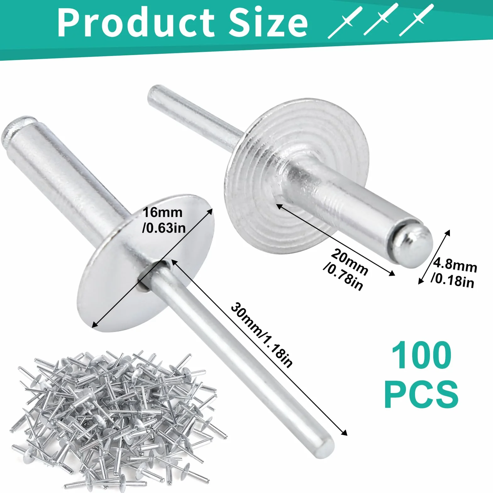 100 sztuk aluminiowych nitów zrywalnych z dużą główką, nitów kołnierzowych 4,8 x 20 mm (głowica 16 mm), srebrne nity do pojazdów silnikowych, mebli, wyposażenia mechanicznego