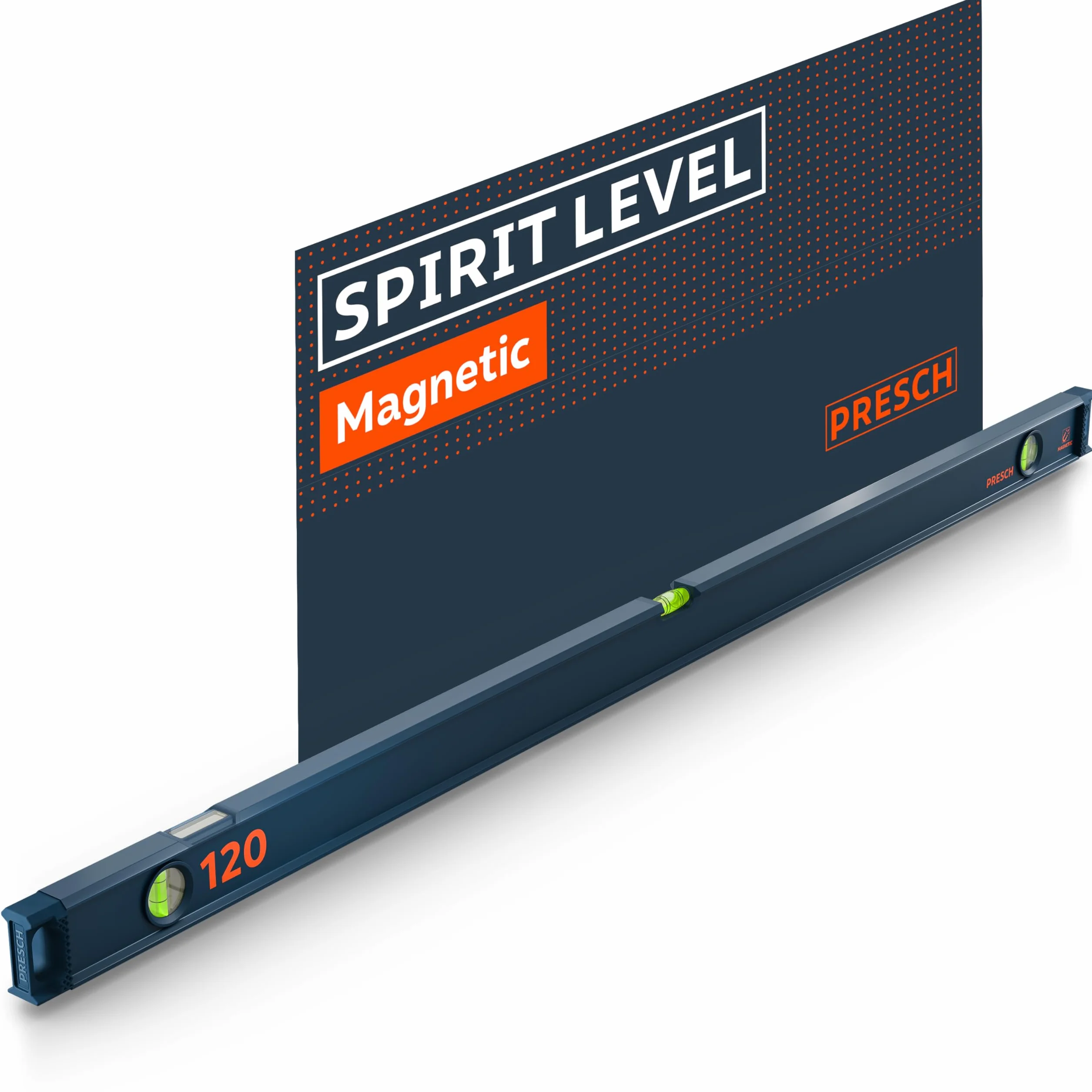 Presch Poziomica magnetyczna 120cm - Niełamliwa ampułka z wskaźnikiem spadku 2% - Okienko do odczytu pionowego - Innowacyjne antypoślizgowe końcówki - Precyzyjna powierzchnia pomiarowa