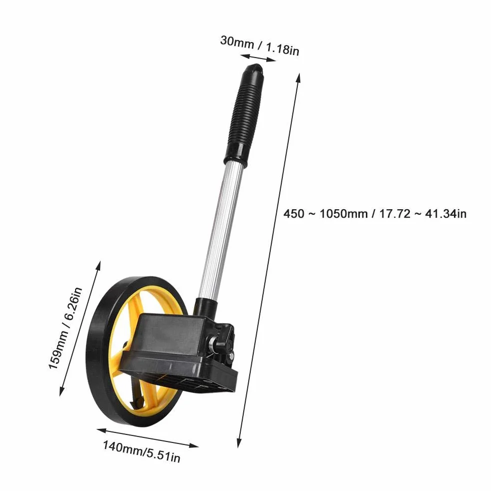 Koło pomiarowe, 0~999,9 m, miniaturowe koło miernicze, ręczne trzymanie, teleskopowe, 450 mm – 1050 mm, stop aluminium + tworzywo sztuczne TPR (małe kółko)