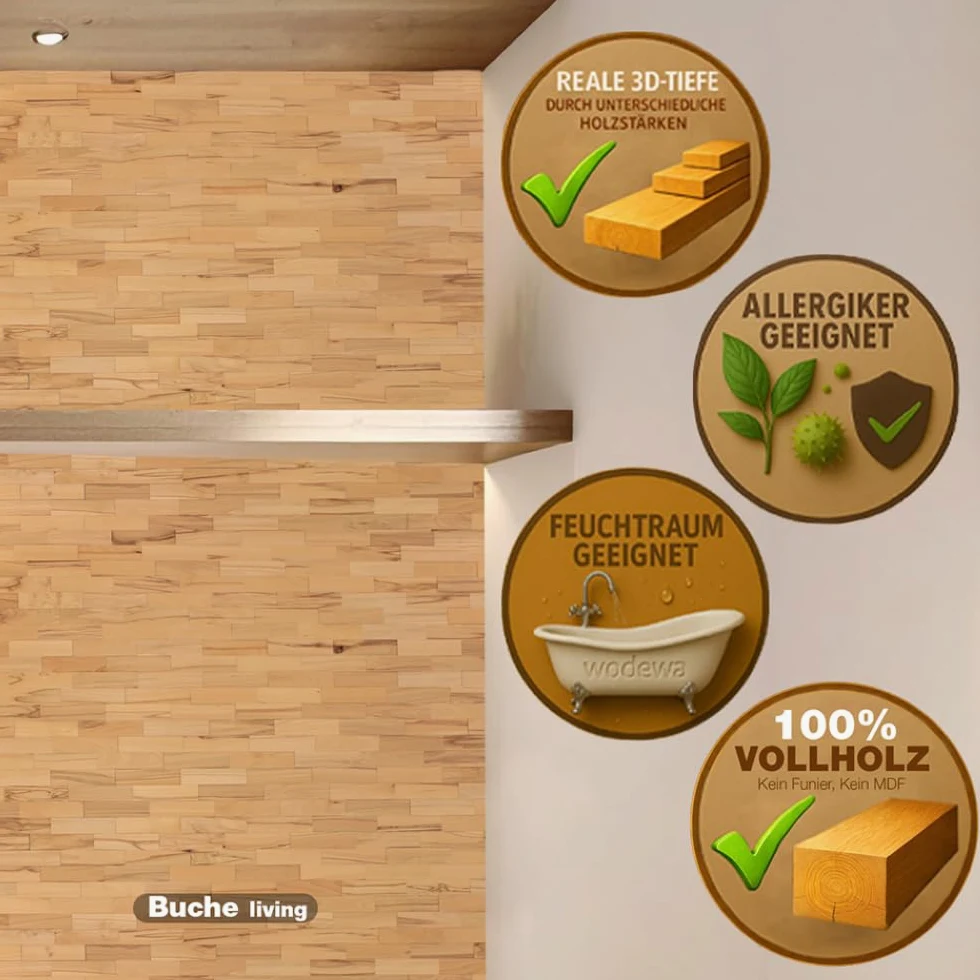 wodewa Okładzina ścienna 3D z prawdziwego drewna bukowego Living 1 m², zrównoważone panele ścienne, nowoczesna dekoracja ścienna, okładzina drewniana, do salonu, kuchni, sypialni