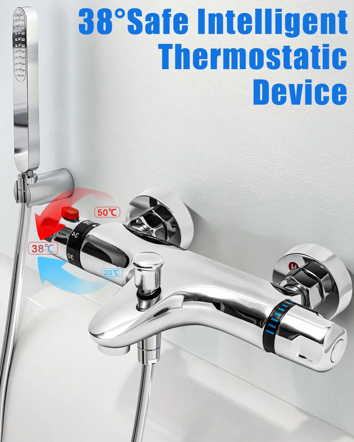 Bateria wannowa z termostatem, armatura wannowa z termostatem, armatura prysznicowa, natynkowa bateria mieszakowa, chrom, mosiężna armatura wannowa z przyciskiem bezpieczeństwa 38°C, kran do wanny