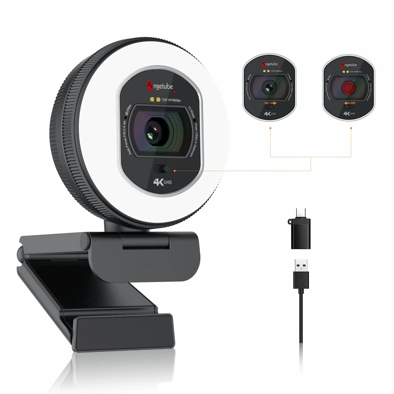 Angetube Kamera internetowa 4K UHD z TOF Auto Focus i redukcją szumów AI, USB z osłoną prywatności