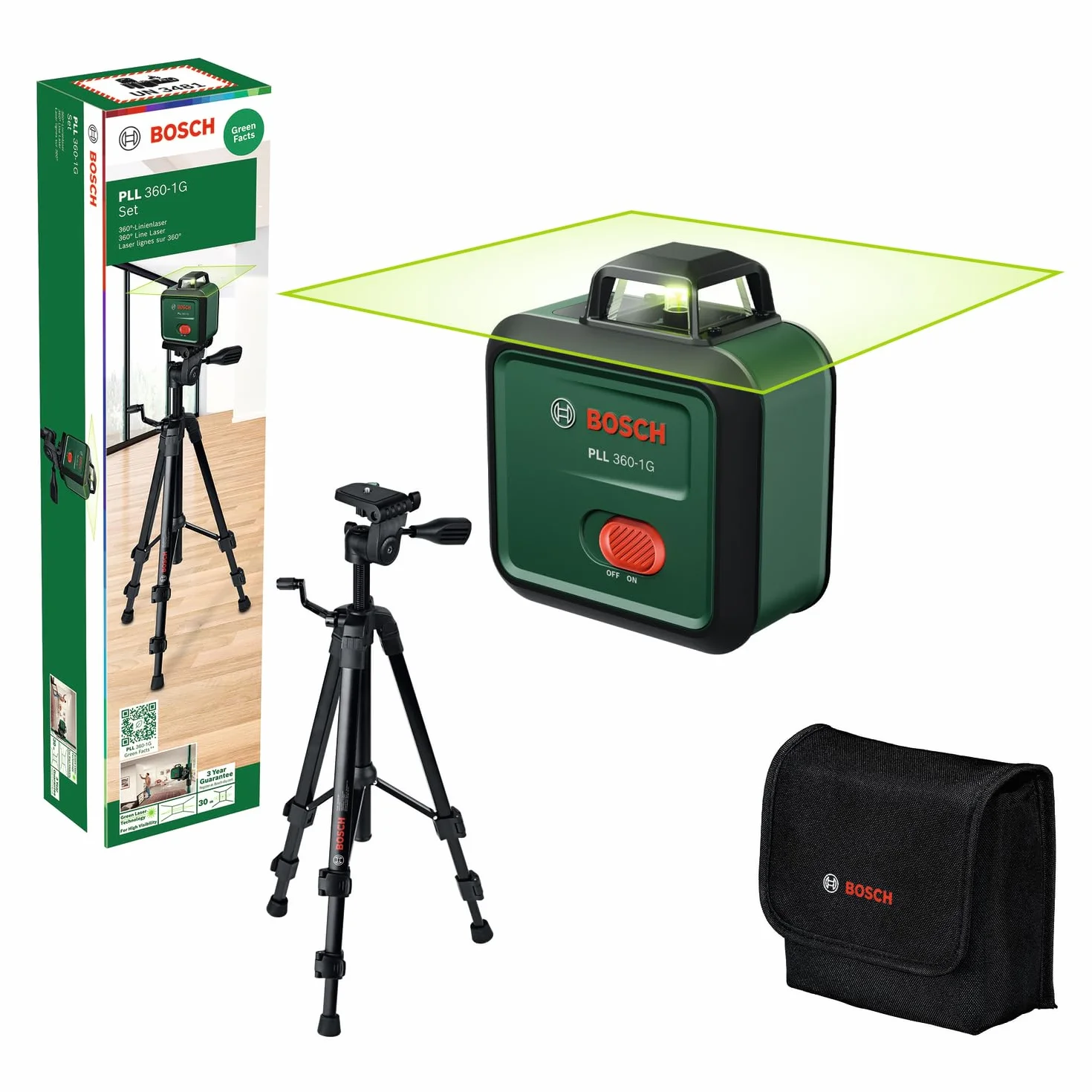 Bosch Laser płaszczyznowy PLL 360-1G (zielona wiązka laserowa 360°, funkcja samopoziomowania, dokładność ±0,4 mm/m, zintegrowany akumulator Li-ion, ładowanie przez USB-C®, opakowanie kartonowe)