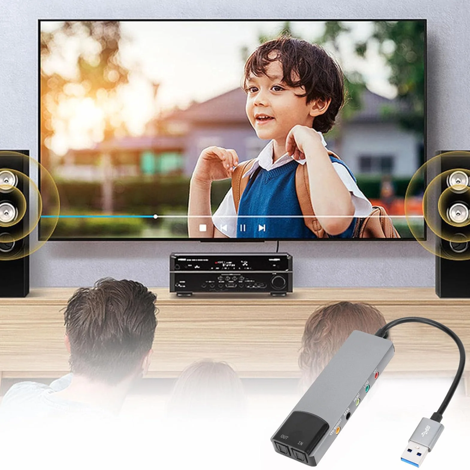Lazmin112 7.1 Karta Dźwiękowa Usb z Dźwiękiem Przestrzennym, Wyjściem 5.1 i Dwukanałowym, Obsługą 32/44/48 Khz, Muzyką w Wysokiej Rozdzielczości, Zewnętrzną Kartą Dźwiękową Stereo