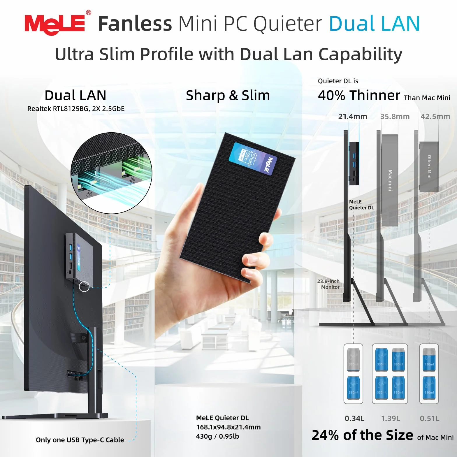 MeLE QuieterDL Fanloze Mini-PC, N100 16GB 512GB, Dual 2.5G LAN HDMI voor IoT