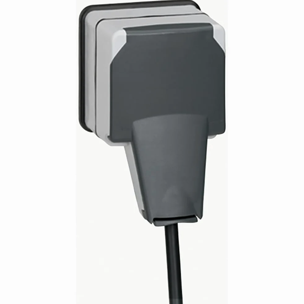 Legrand 090465 Wodoodporne gniazdo zasilania z wtyczką plexo, 2P+T, 16A, 250V, IP66, szary