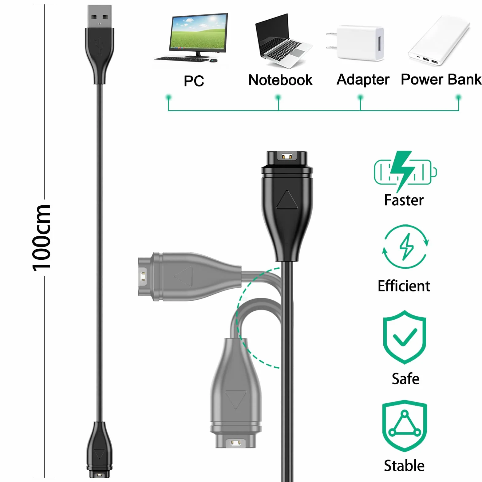 Oumida Kabel do ładowania Garmin Fenix 7/6/5, 100cm USB stacja ładująca do Forerunner/Vivoactive/Vivomove