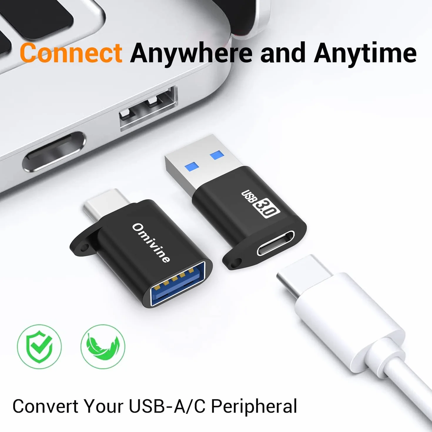 Omivine 2-pak adapter USB-C na USB 3.0 i adapter USB na typ C, 5 Gbit/s USB 3.0 OTG adapter z paskiem do noszenia, konwerter ładowarki do smartfona/laptopa/samochodu/powerbanku/koncentratora/słuchawek/mikrofonu