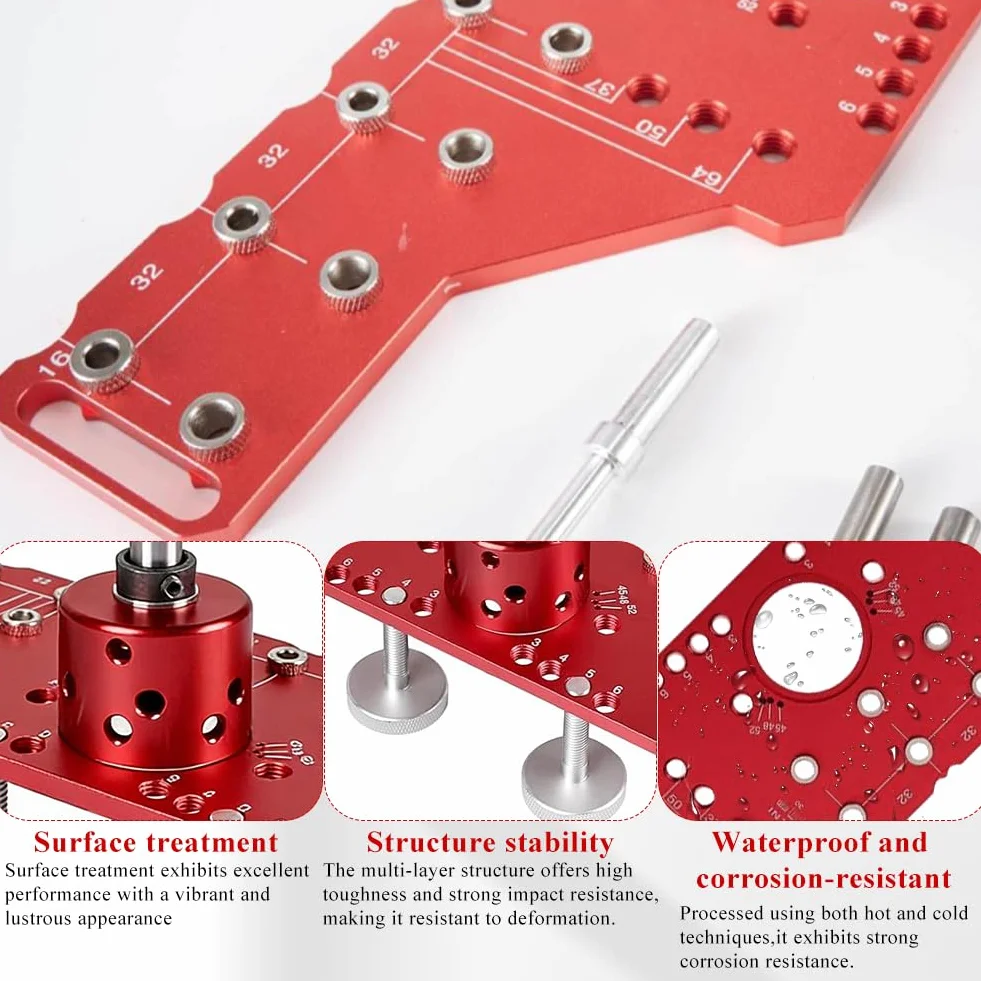 Szablon do wiercenia 2 w 1, wspornik półki i taśma doniczkowa 35 mm – aluminiowy szablon do wiercenia z tulejami prowadzącymi 5 mm/6,25 mm, raster 32 mm, w zestawie wiertło 5 mm i 6 mm – precyzyjne