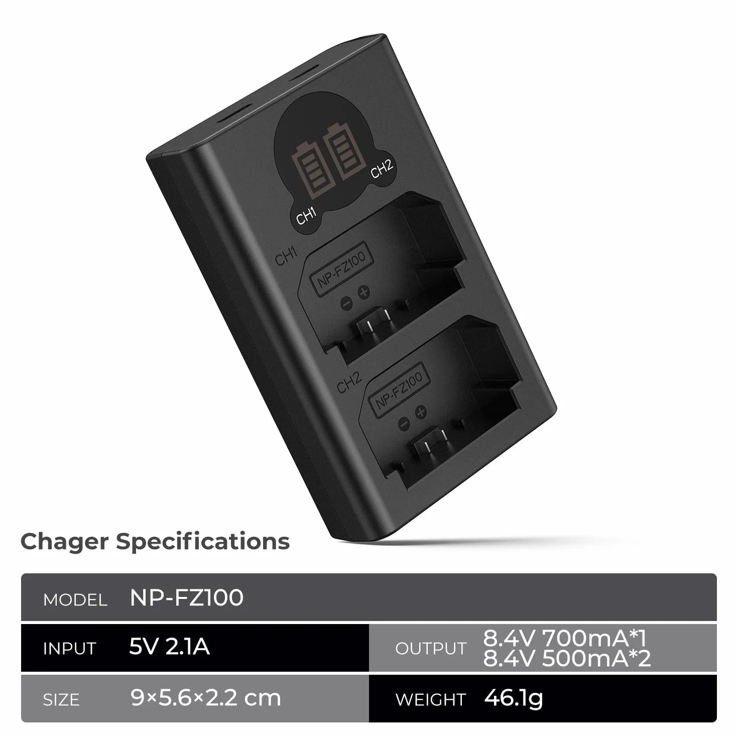 K&F Concept Ładowarka NP-FZ100 Dual Slot LED, Micro USB Type-C do Sony A7 III A7R III A9