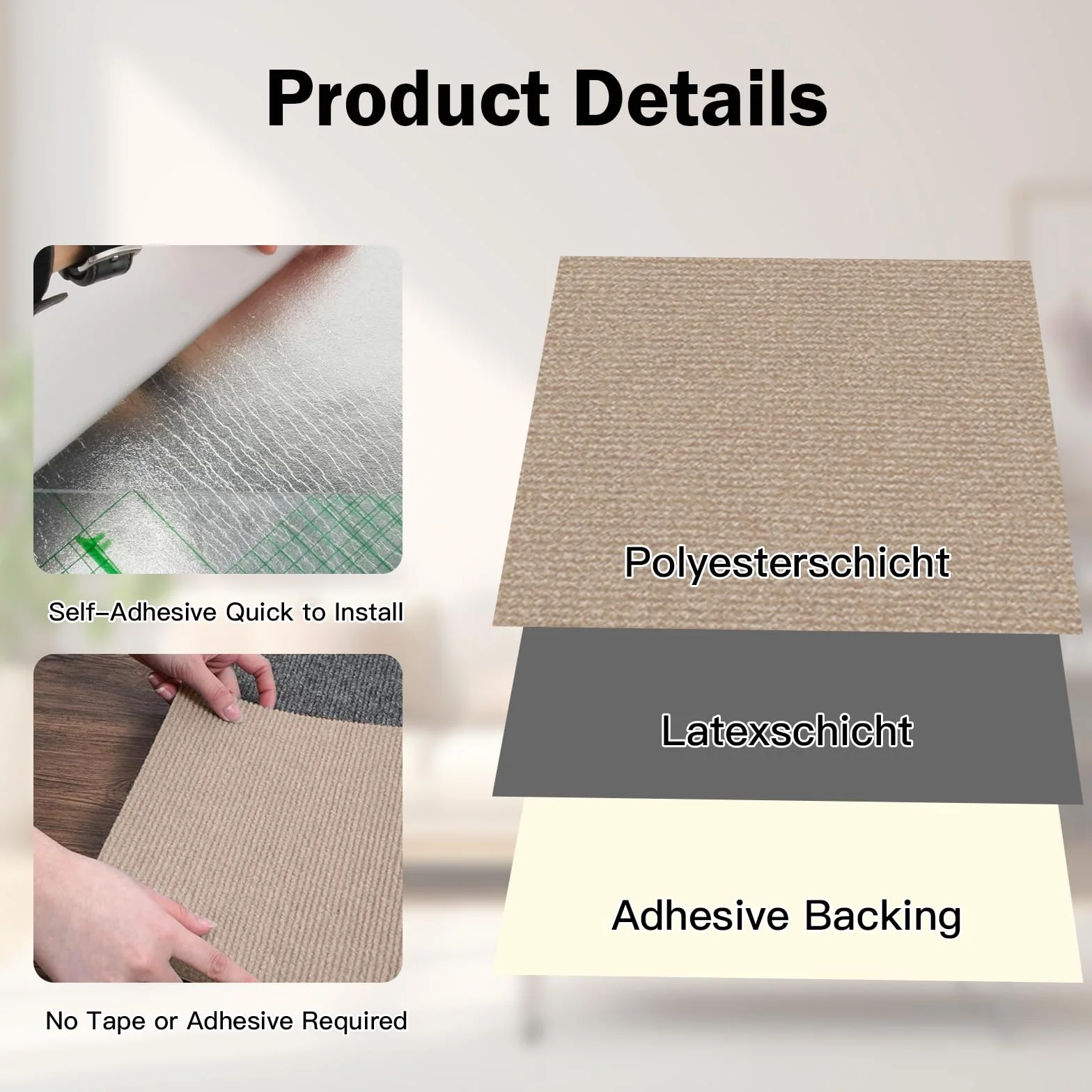 Płytki dywanowe 30 x 30 cm – 10 sztuk – 0,9 m² – samoprzylepne płytki dywanowe z tyłem, płytki do cięcia dywanowego do mieszkania, domu, sypialni