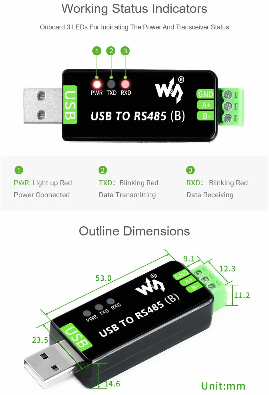 Waveshare Industrial USB TO RS485 Bidirectional Converter Onboard Original CH343G Multi-Protection Circuits