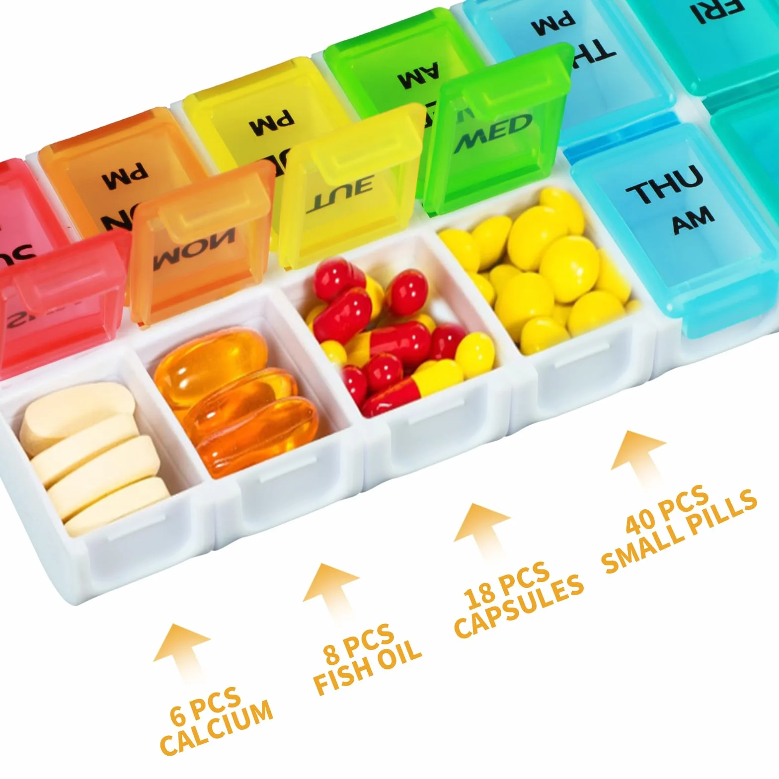 Realjoy Pudełko na tabletki, 7 dni, 2 przegródki, rano wieczorem, duże, zdejmowane, pudełko na lekarstwa, 14 przegródek, dozownik leków, na witaminy, olej rybny, suplementy i leki (kolorowe)