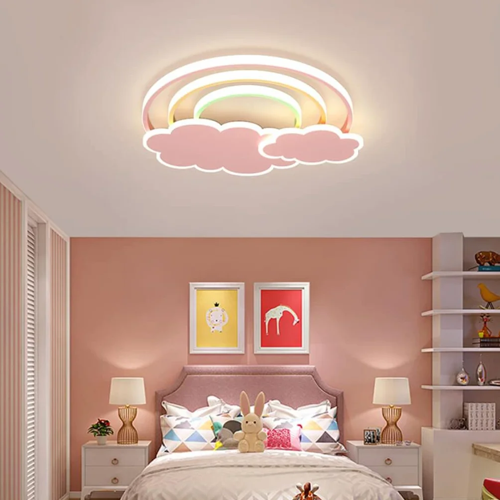 Lampa LED do pokoju dziecięcego nowoczesny design tęczy chmura ściemnialne lampy sufitowe 3000K-6500K Akrylowy żyrandol sufitowy chłopiec dziewczyna sypialnia salon oświetlenie sufitowe, różowy