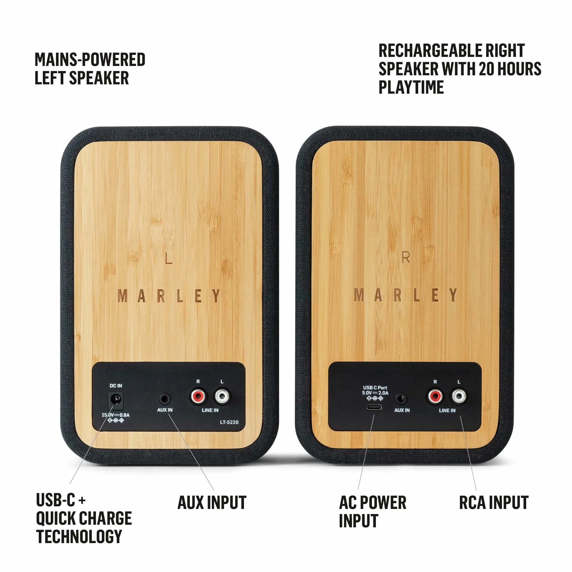 Marley Get Together Duo Bluetooth Speaker Bamboo - Głośnik Półkowy, Soundbar, 25h Bateria, Wzmacniacz Wysokiej Rozdzielczości, Czarny