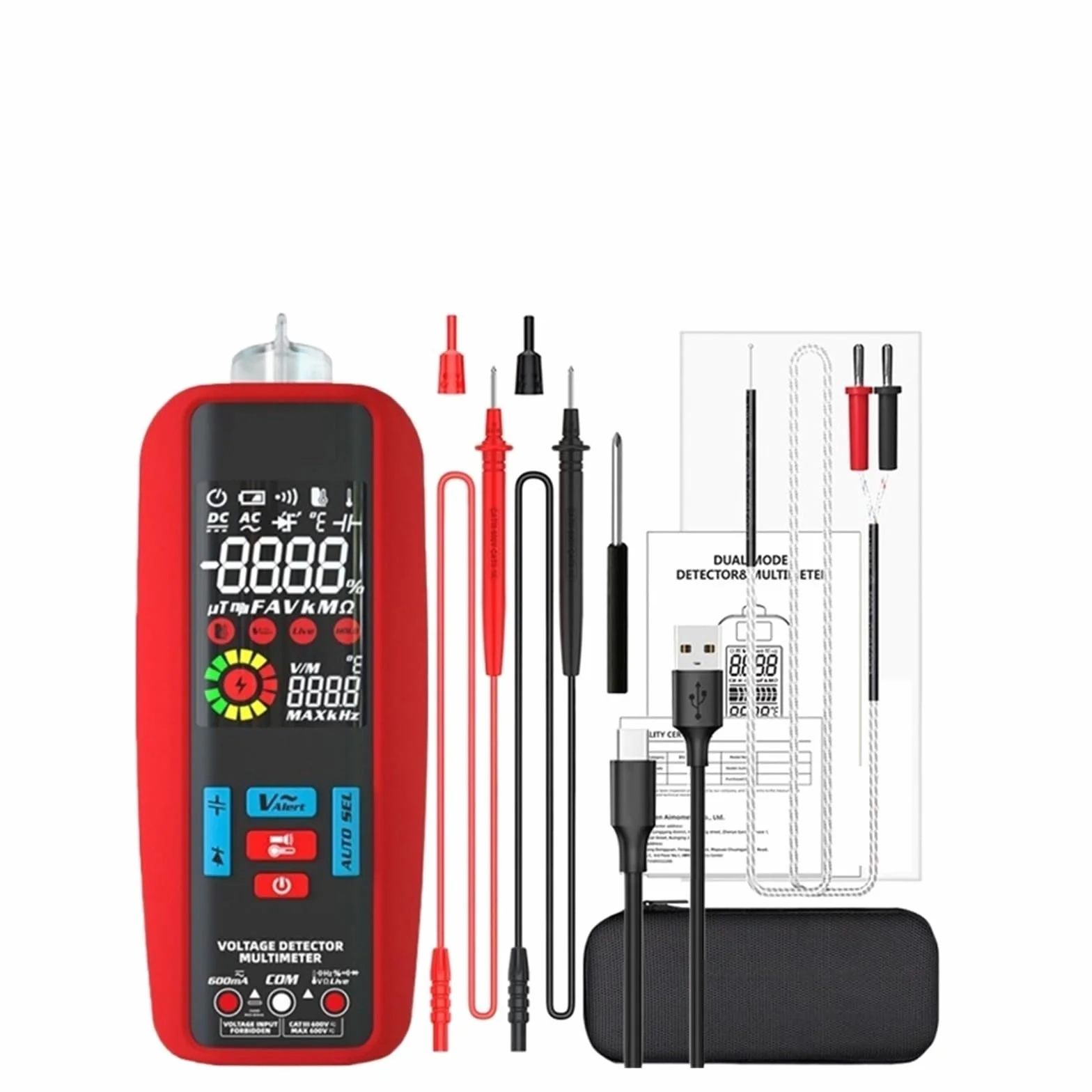 Inteligentny Multimetr Cyfrowy VFC DC AC Tester Napięcia Woltomierz True Rms Dioda Pojemnościowa Ohm NCV Bezdotykowy Tester Napięcia Dokładny Pomiar(A5X USB Charging)