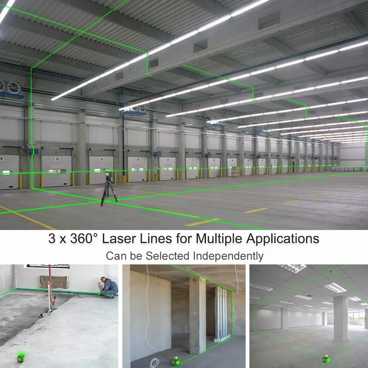 Poziomica laserowa zielona, ​​Huepar 3x360 z akumulatorem litowo-jonowym, samopoziomująca poziomica laserowa, z portem ładowania typu C i twardą walizką w zestawie - B03CG Pro