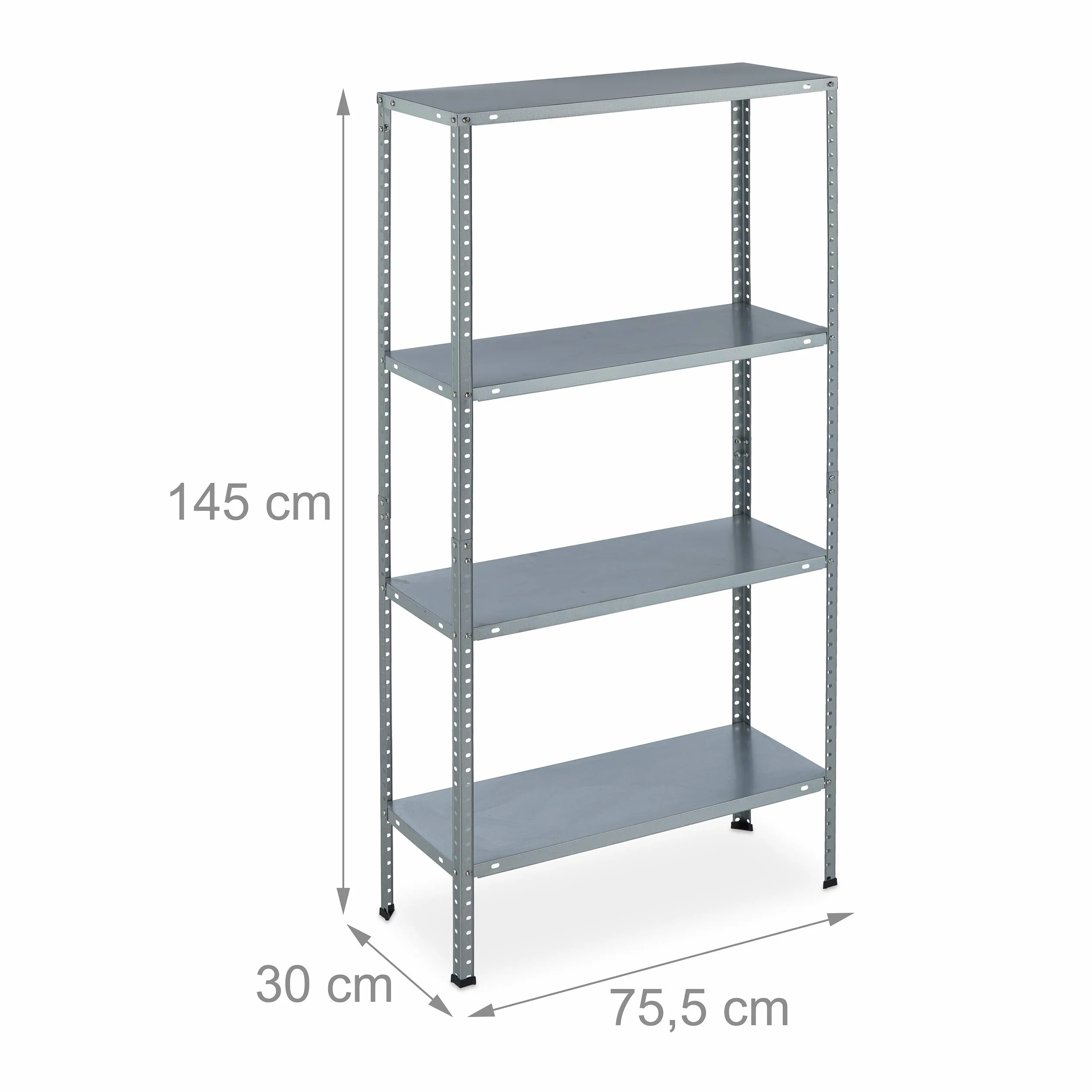 Relaxdays regał magazynowy do 160 kg, metalowa półka, 4 poziomy, szafka do garażu 145x75,5x30 cm, srebrny