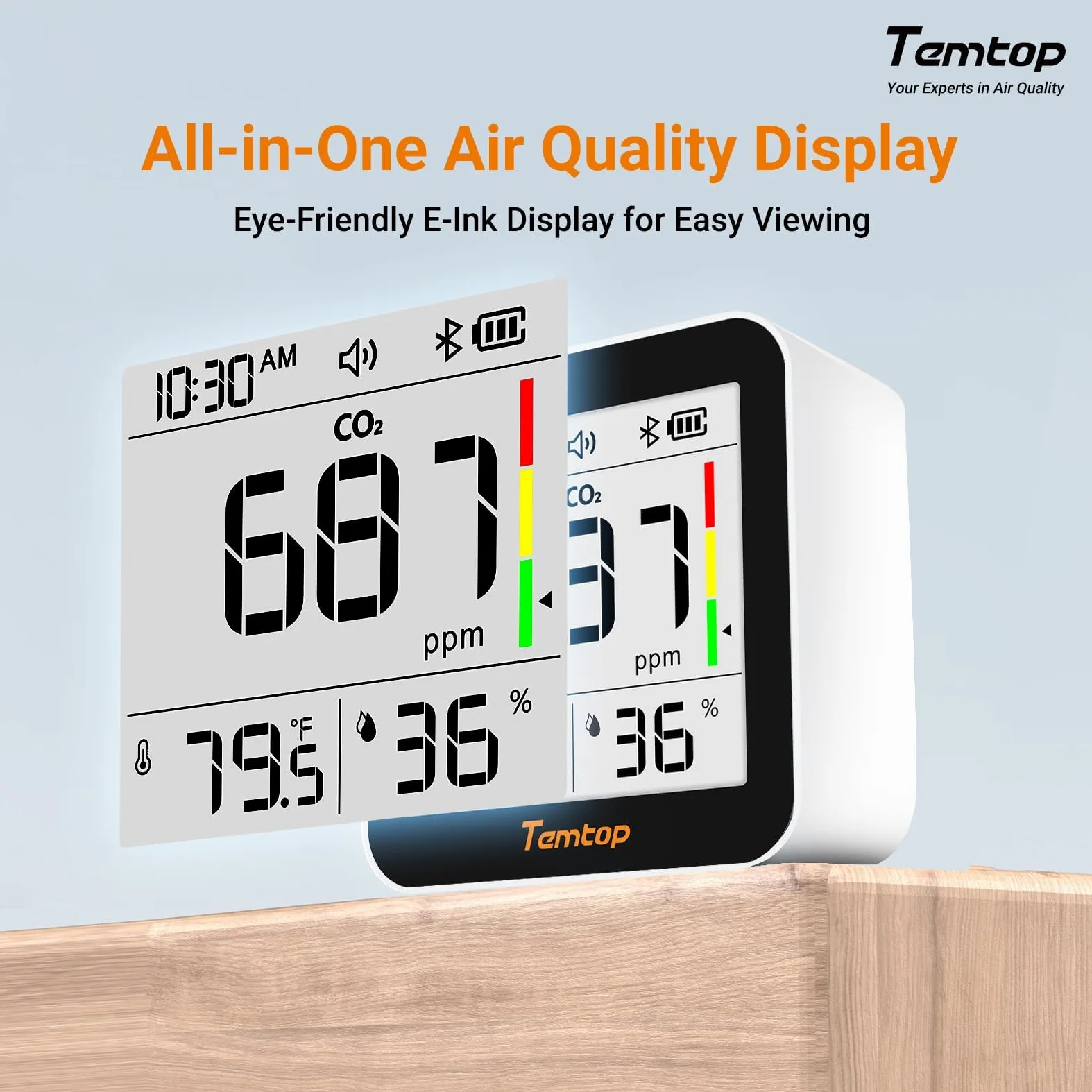 Temtop Monitor CO2 Bluetooth Wykrywacz Dwutlenku Węgla, 3-w-1 Monitor Jakości Powietrza Miernik CO2 Temperatura Wilgotność Przenośny do Podróży Domu Pokoju Uprawowego
