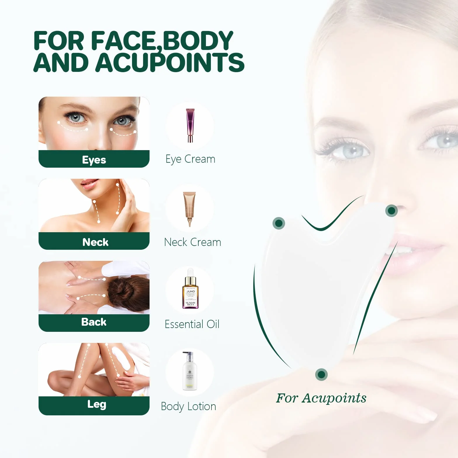 Gua Sha narzędzie do twarzy, deska guasha, naturalny kamień jadeitowy do terapii akupunkturowej SPA, leczenia punktów spustowych, łagodzi napięcia mięśni, zmniejsza obrzęki (biała)