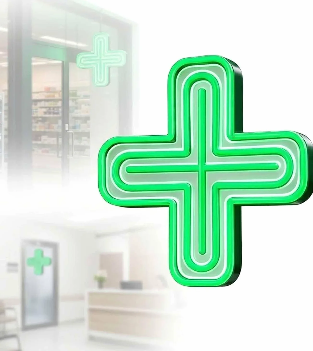 Projekt Zawieszenia Zielonego Znaku Krzyża Aptecznego LED | Zielony znak krzyża aptecznego o dużej jasności, 2 tryby zawieszenia, lampa wewnętrzna do sklepu szpitalnego