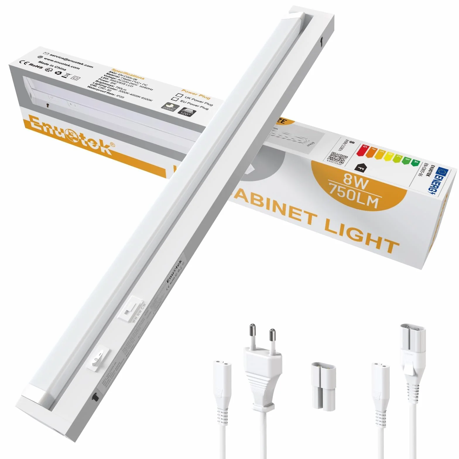ENUOTEK Oświetlenie Szafki LED 230V Obrotowa, 54.5cm Lampa Podszafkowa Kuchennna, 3 Regulowane Kolory Światła 3000K 4000K 6500K, 8W 750 Lm, Do Kuchni i Łazienki