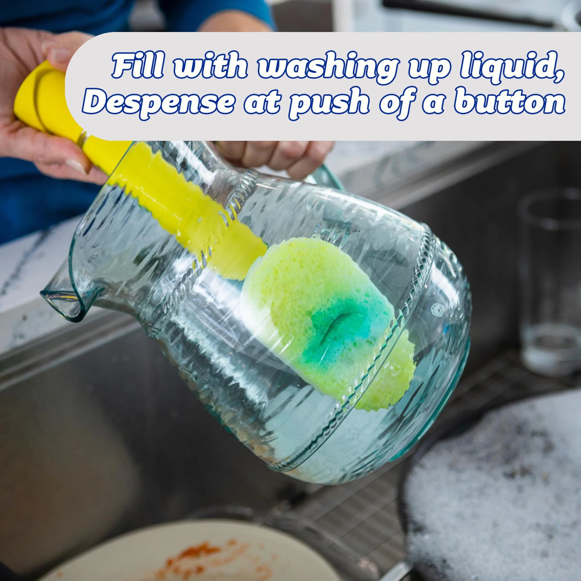 Scrub Daddy Szczotka do mycia naczyń z uchwytem na mydło, głowice uzupełniające, gąbka i głowica łącznika, zmieniająca teksturę gąbka do mycia naczyń z uchwytem w płynie, wbudowany skrobak, żółty