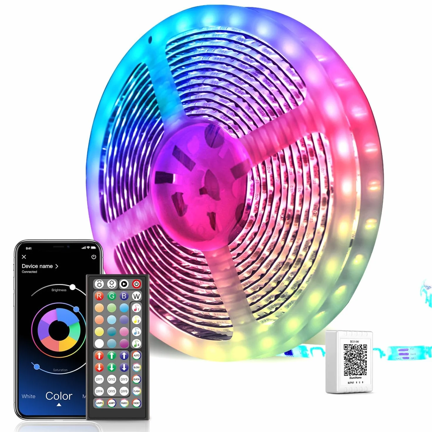 Taśma LED 20 m, Bluetooth LED, RGB, zmiana kolorów, łańcuch świetlny LED, 20 m, sterowany za pomocą aplikacji, pilot zdalnego sterowania, synchronizacja z muzyką, do sypialni, TV, domu, szafy