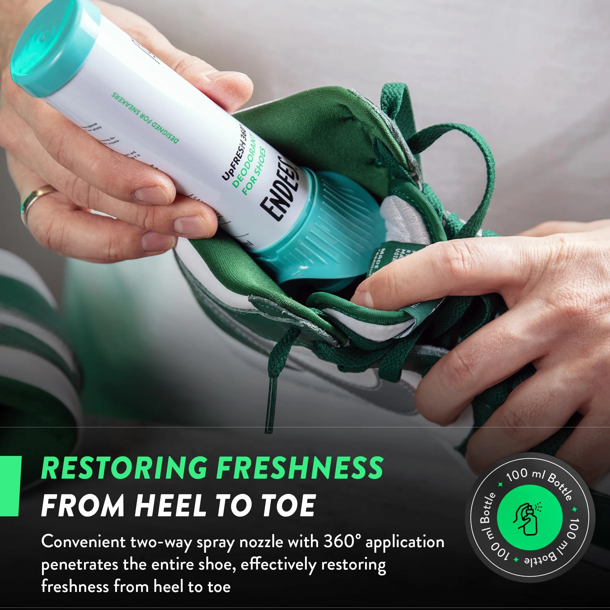 Endees – Dezodorant do Butów UpFresh 360° w Sprayu (100ml), Długotrwała Świeżość i Łatwa Aplikacja 360° – Zapach Unisex – Neutralizujący Dezodorant – na Codzień i Podczas Treningu