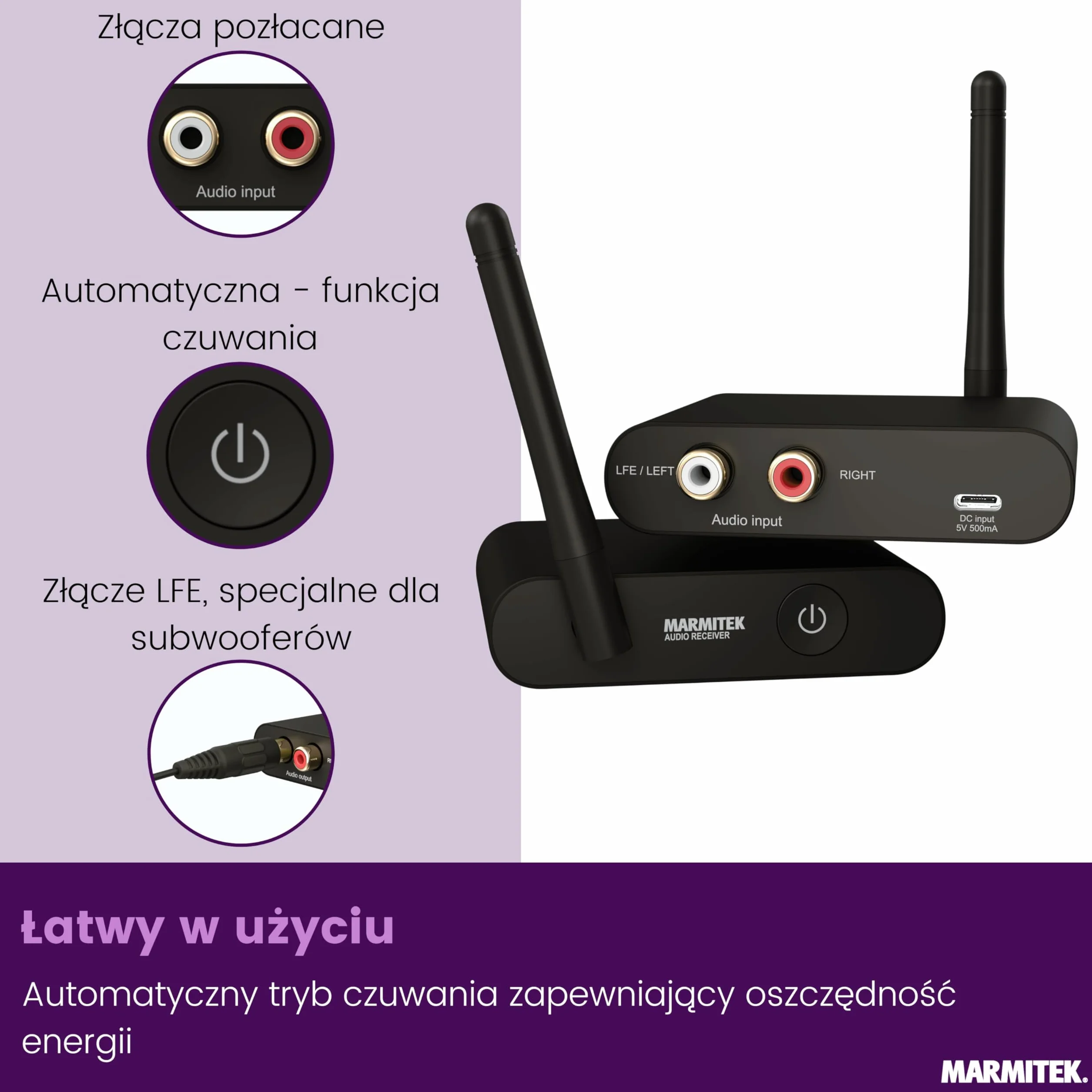 Bezprzewodowy zestaw do subwoofera Marmitek WS400 - Bas bez kabli - Cyfrowa transmisja 2,4 GHz RCA/LFE nadajnik odbiornik - Niska latencja - kino domowe | Bezprzewodowy aktywny subwoofer – podłączenie przez LFE lub RCA, Plug & Play, transmisja bez zakłóce