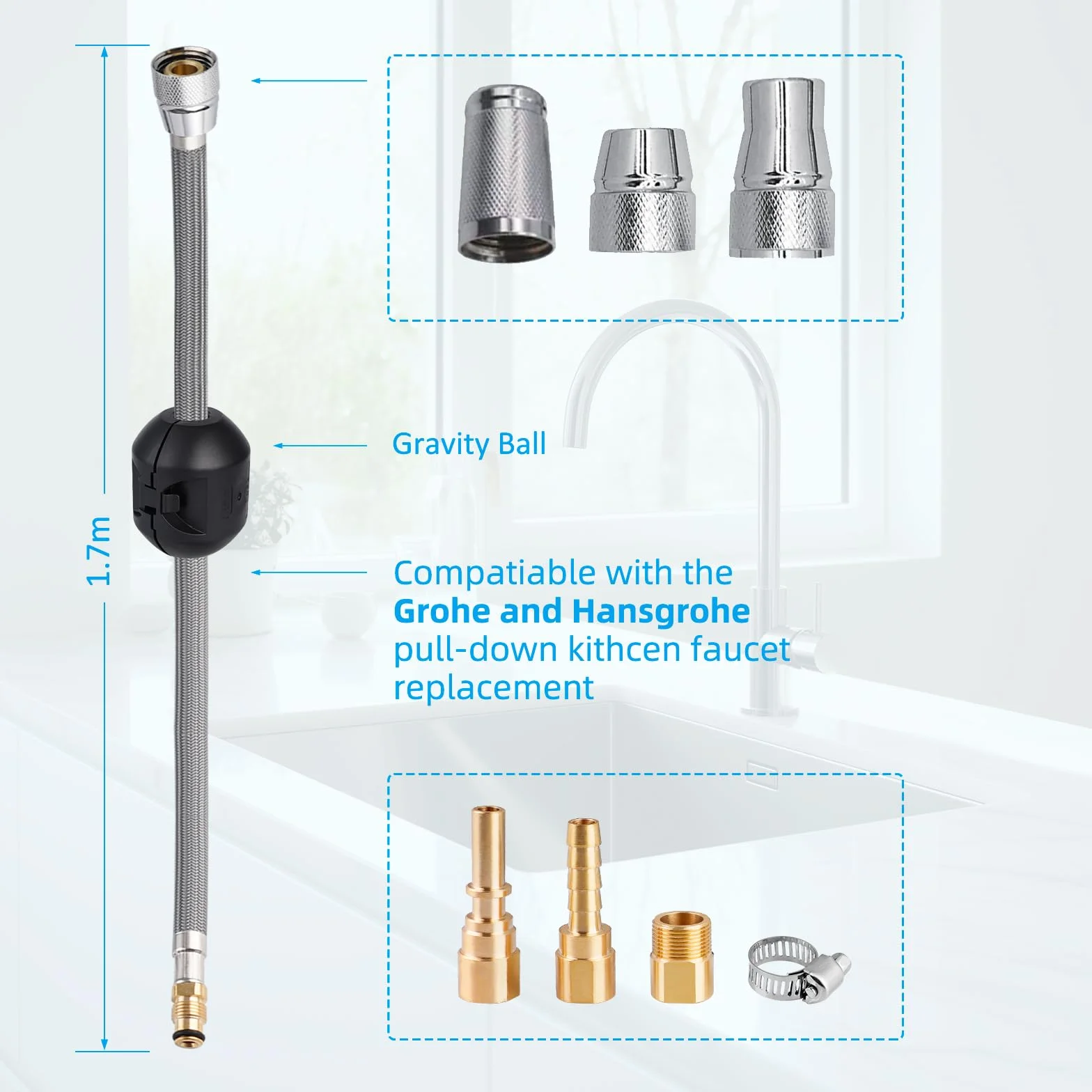 Hibbent Wymienny wąż do kranu wymiennego kompatybilny z bateriami kuchennymi Hansgrohe/Grohe z 6 adapterami, standardowy 88624000/46174000/46092000 wąż zamienny 59", w zestawie