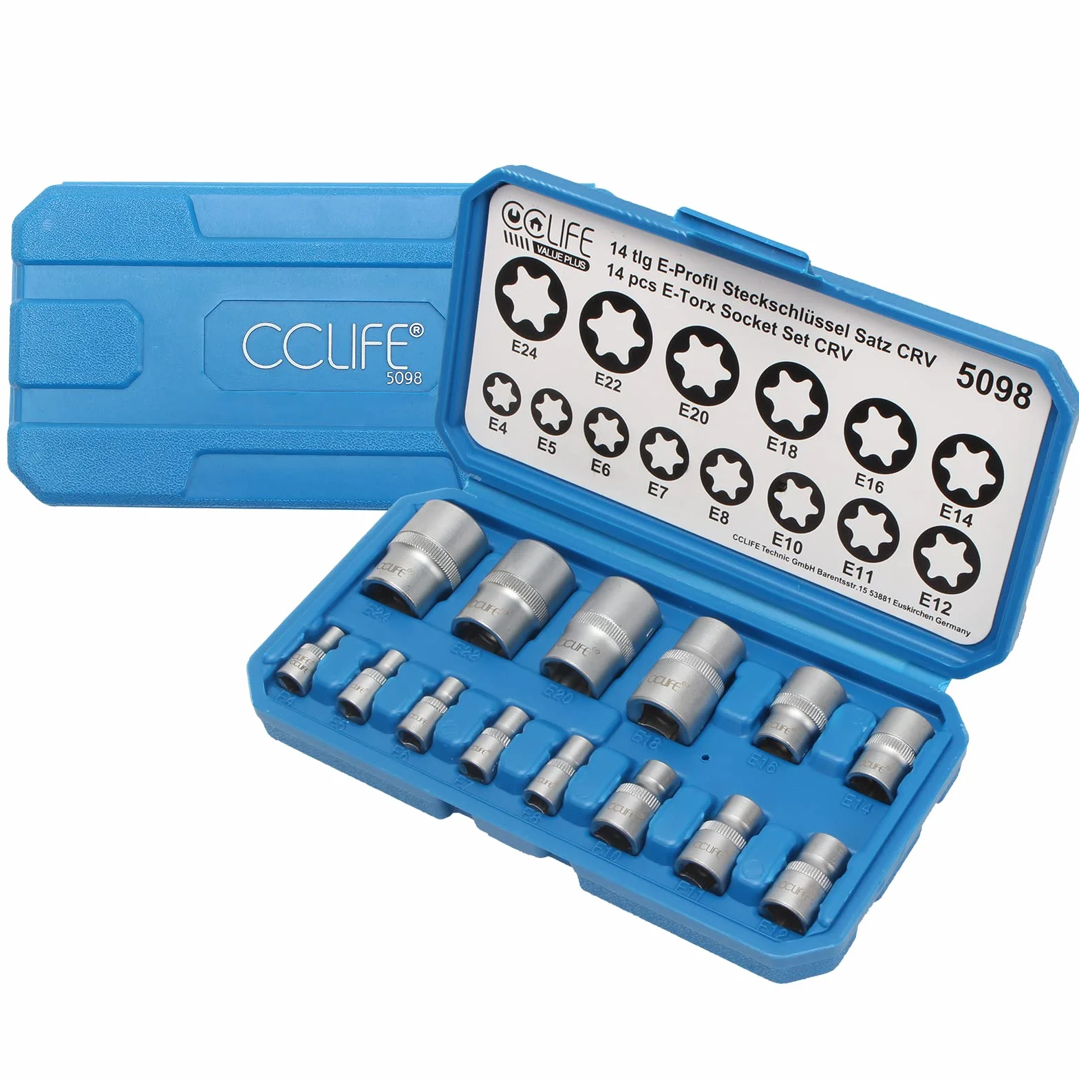 CCLIFE Zestaw kluczy nasadowych torx E-profil, E4-E24, 1/4, 3/8, 1/2 cala, 14 szt.