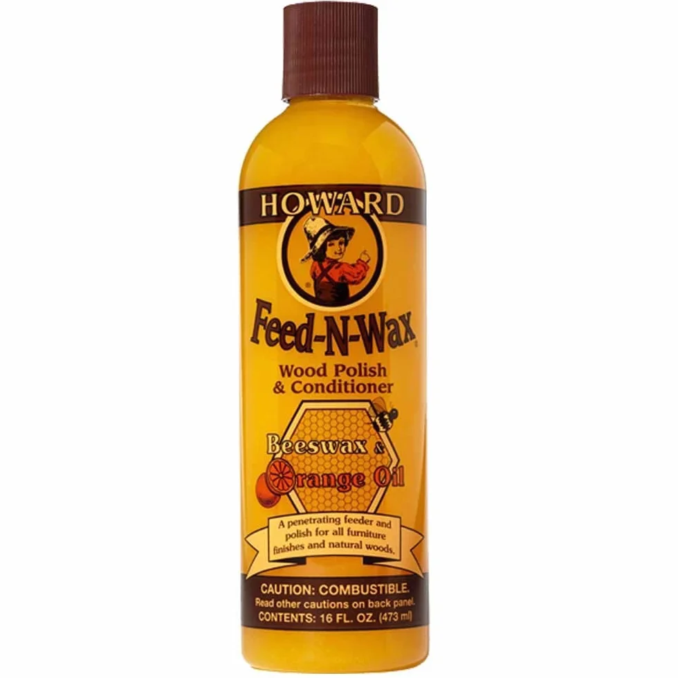 Feed N Wax Lakier do drewna i odżywka do drewna firmy Howard Furniture Feed BeesWax, wosk Carnauba i olejek pomarańczowy w jednym pakiecie 473 ml z profesjonalną ściereczką z mikrofibry (2 sztuki)