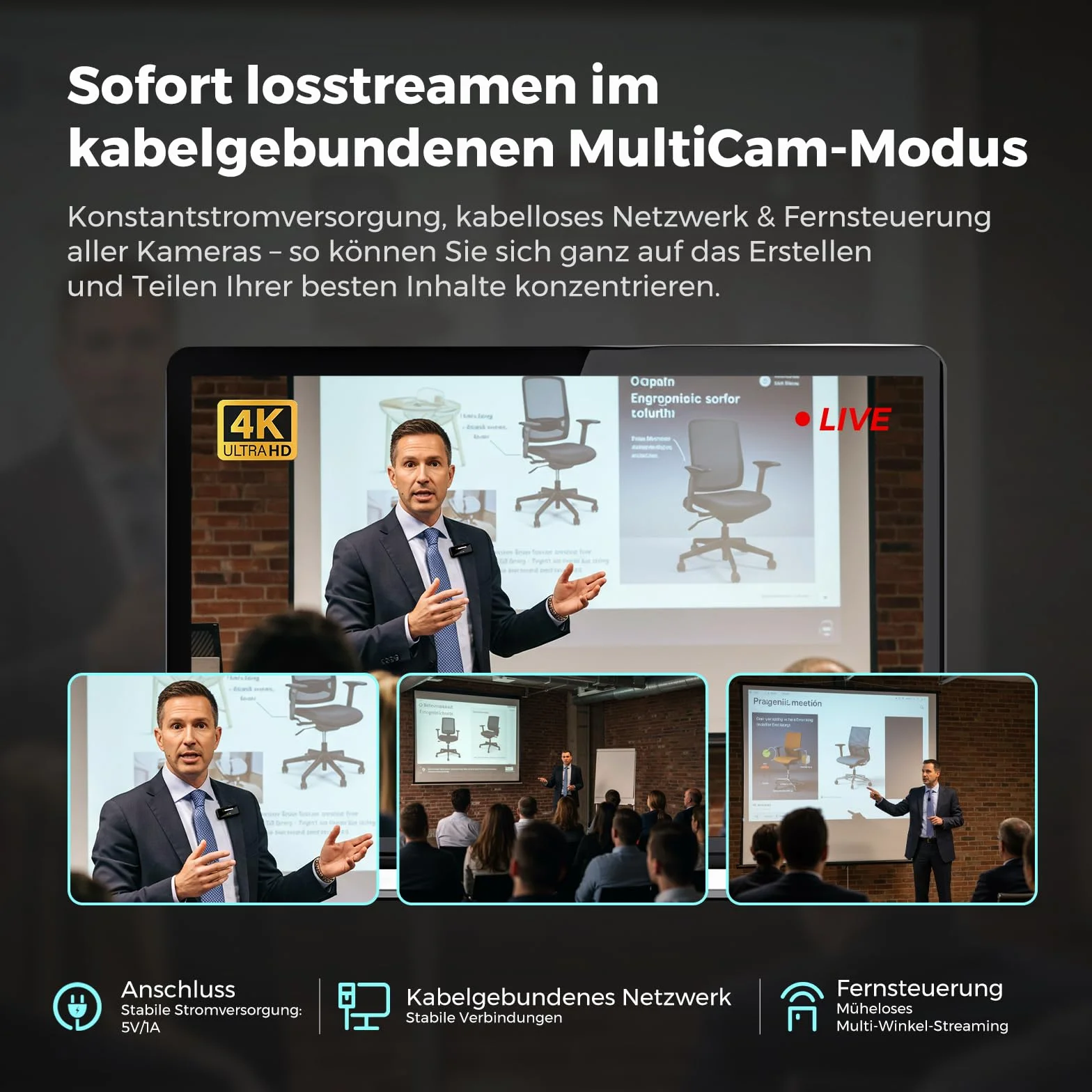 NearStream Kamera 4K, wyjście HDMI/USB/RJ45, obsługa zewnętrznego mikrofonu, VM20