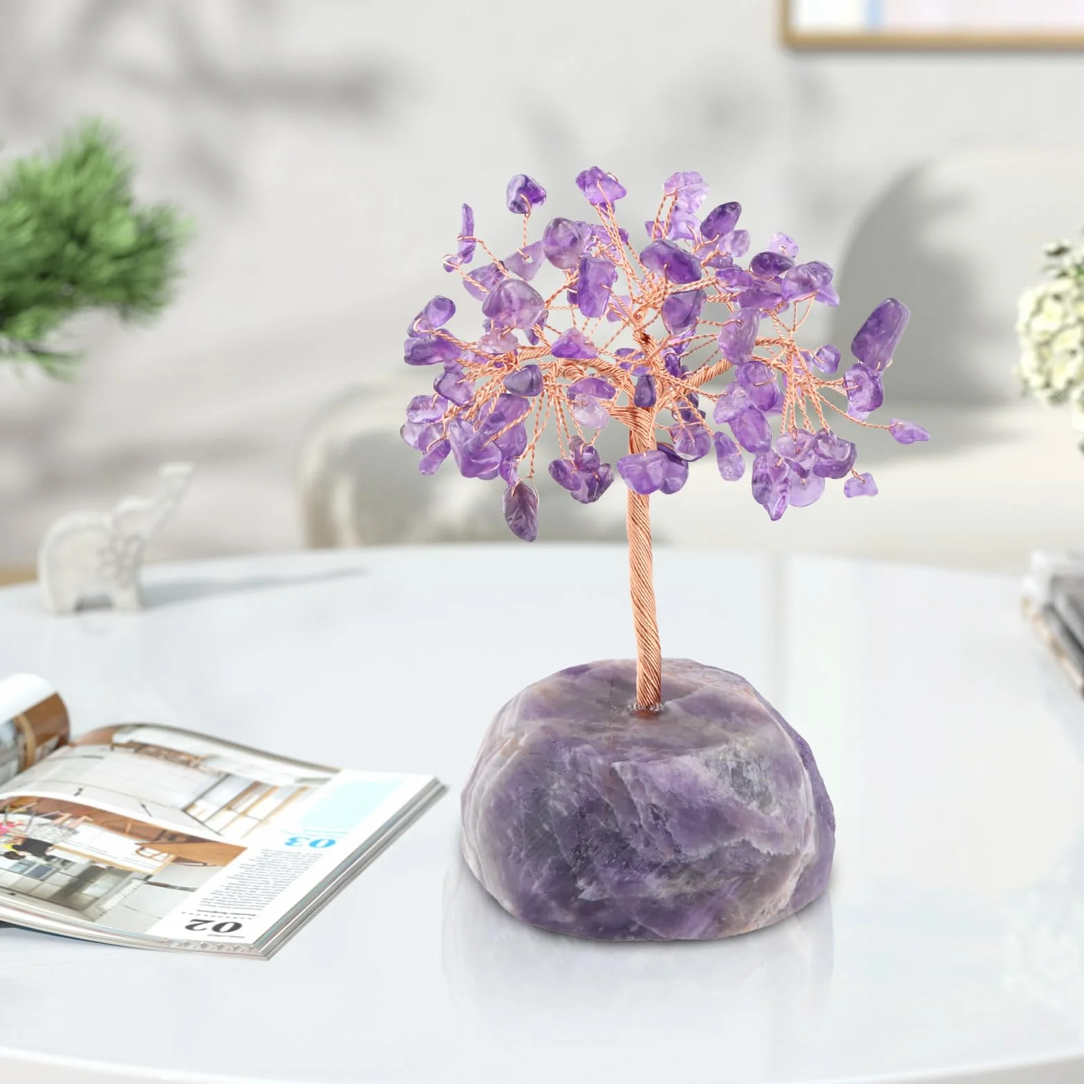 Drzewo kryształowe ametystowe, Reiki uzdrawiające drzewo kryształowe na naturalnych mini drzewkach kryształowych z bazą agatową, zawijanie drutu, kamienie bębnowe, Feng Shui, drzewo bonsai,