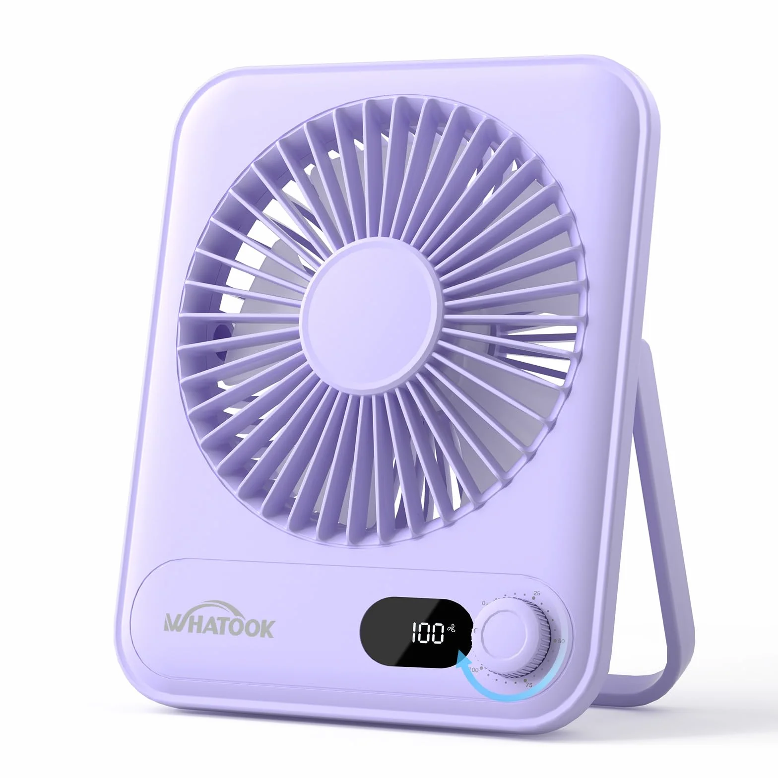 WHATOOK Cichy wentylator stołowy USB Bezstopniowy regulator 1-100, akumulator 5000 mAh, szybkie ładowanie, wyświetlacz LED, przenośny, kompaktowy, do biura, domu, na kemping, w podróży, liliowy