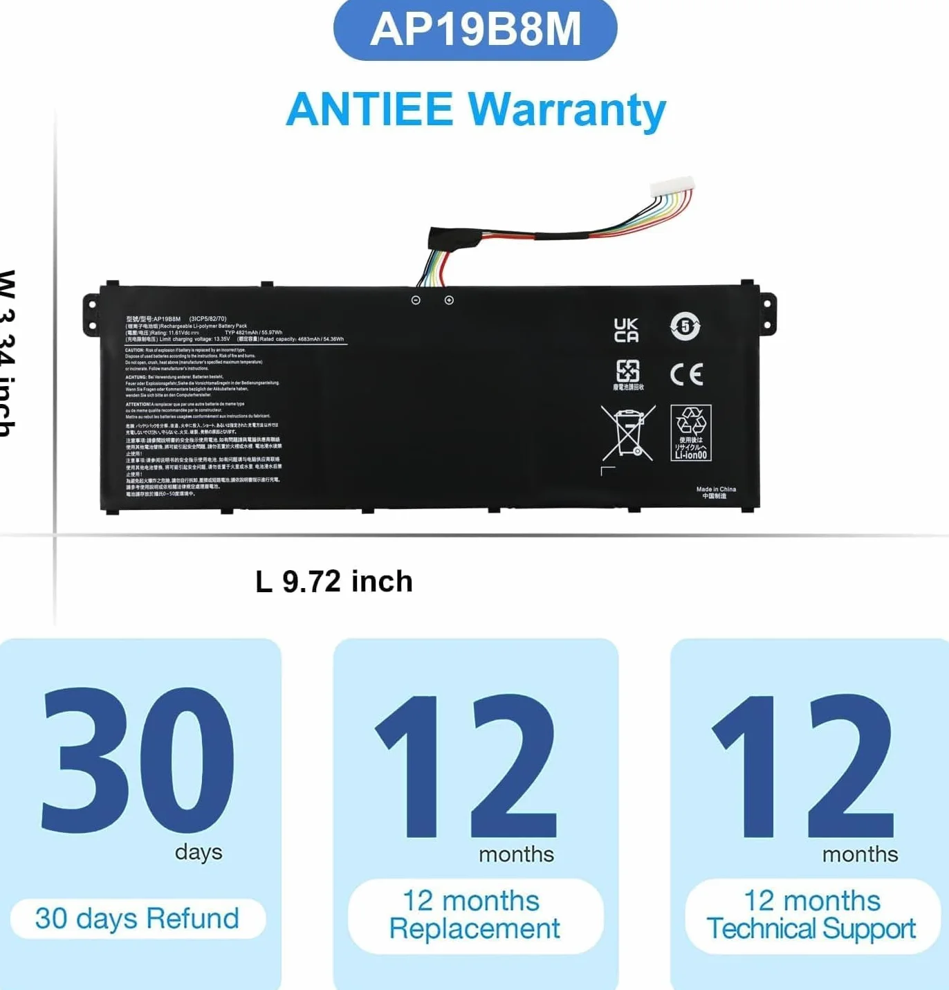 ANTIEE AP19B8M Bateria do laptopa Acer Swift 3 SF314-59 TravelMate TMP414-51 TMP614-52 Porsche Design Book RS AP714-51GT Chromebook CB514-1W CP514-1H CB515-1W CB317-1H CP713-33-33 W AV15-52 11.61V