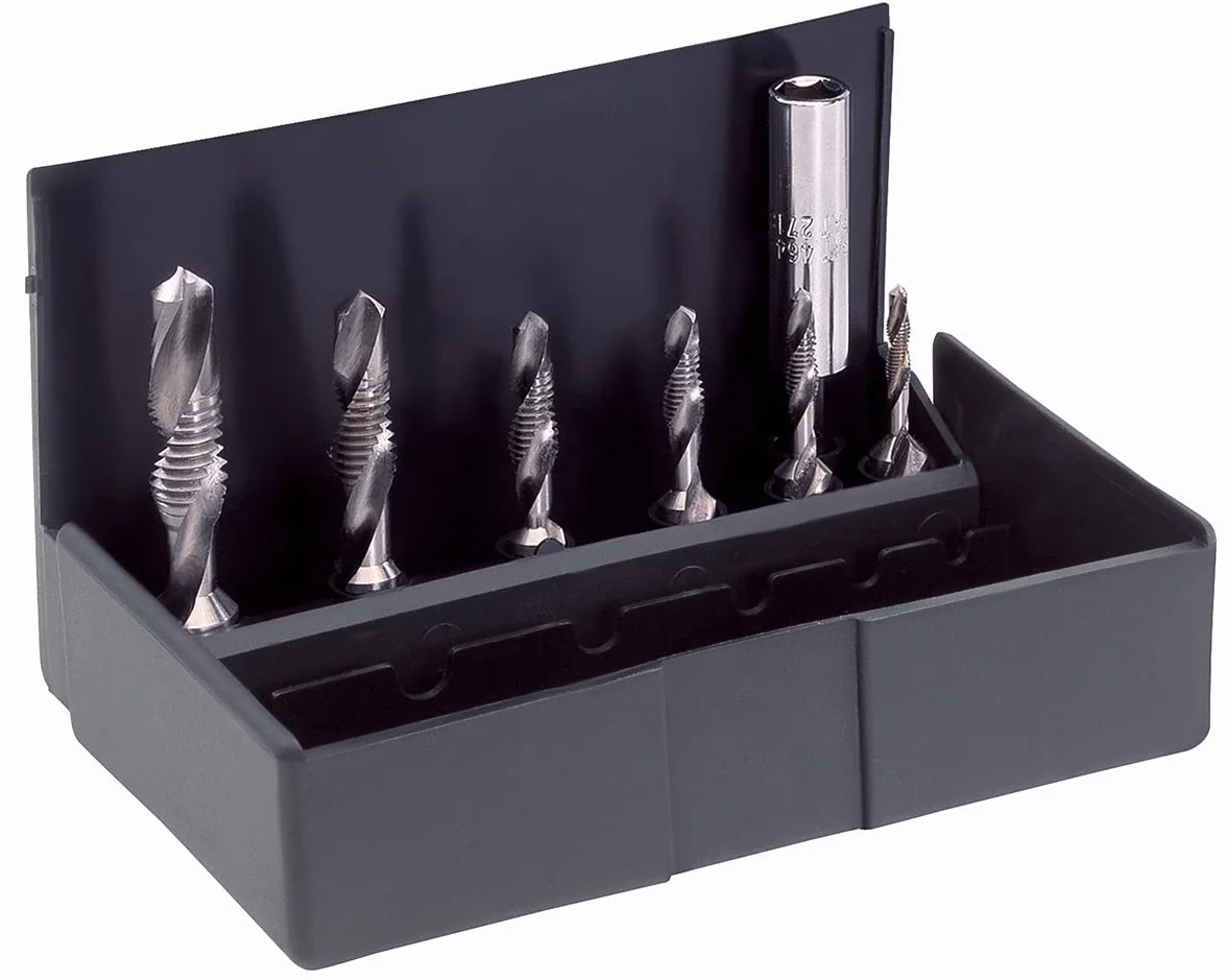 Zestaw gwintowników z wiertłem i fazownikiem z trzpieniem 1/4" M3-M10 HSS