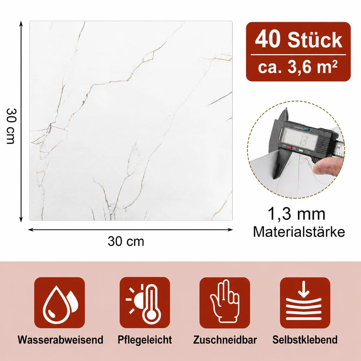 CYEER 40 sztuk / 3,6 m² samoprzylepne pokrycie gleby PCV 30 x 30 cm, samoprzylepny winyl biały marmur, samoprzylepne płytki do salonu, łazienki