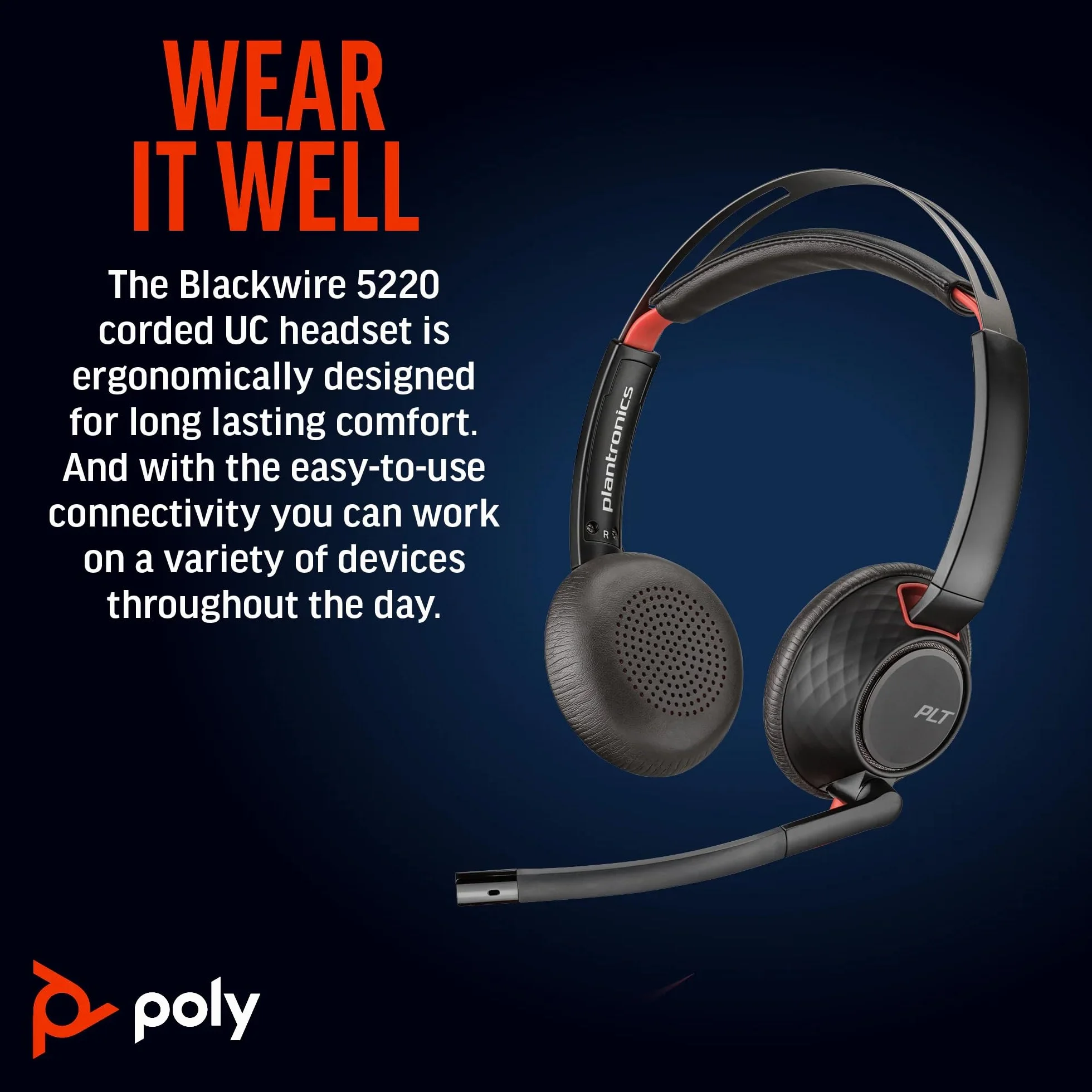Poly Blackwire 5220 Caque Filaire Stéréo USB-A Jack 3,5mm Télécommande Noir