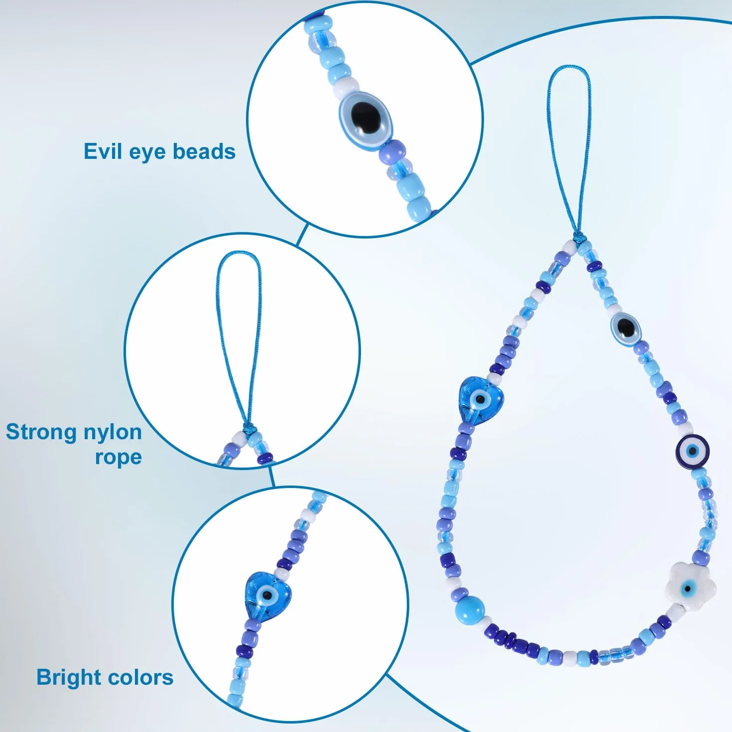 Evil Eye Zawieszka do Telefonu Komórkowego Beaded Lanyard Cell Phone Wristband Niebieski