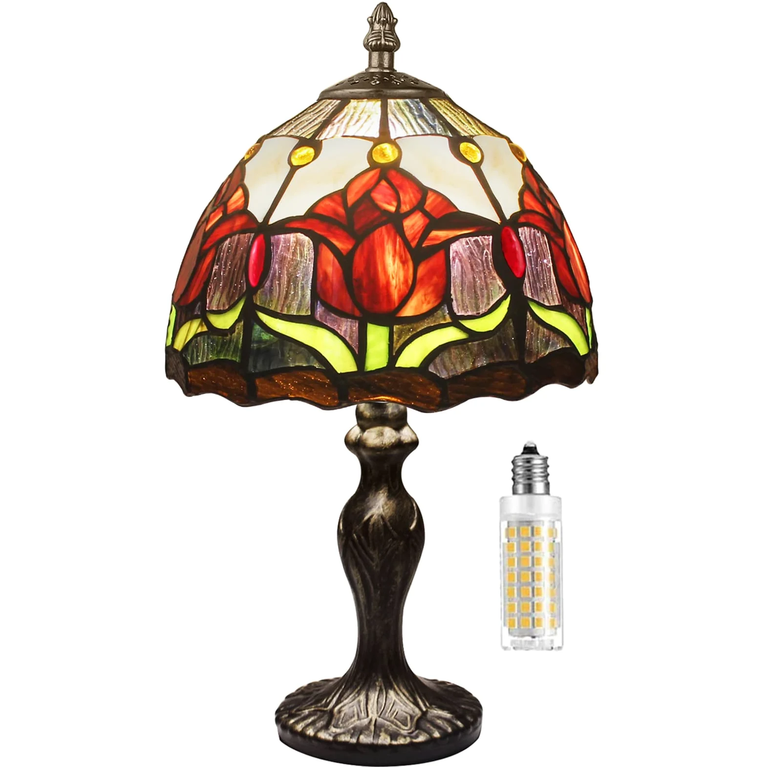 Lampa stołowa w stylu Tiffany, lampa stołowa vintage, ręcznie robiona, klosz ze szkła malowanego, do sypialni, lampki nocnej, gabinetu, biura (czerwona)
