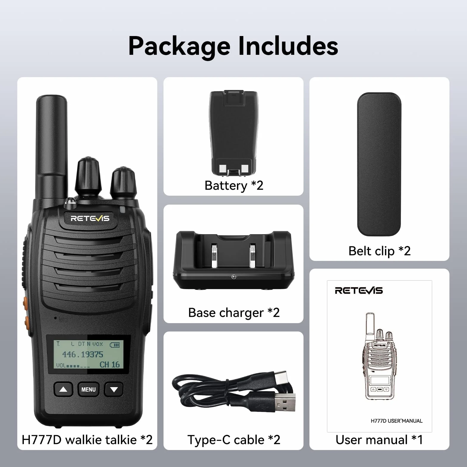 Retevis H777D Walkie Talkie PMR446 z Ekranem LCD, Ładowanie Typu C, 1200 mAh, Alarm Awaryjny, 2 Sztuk Czarne