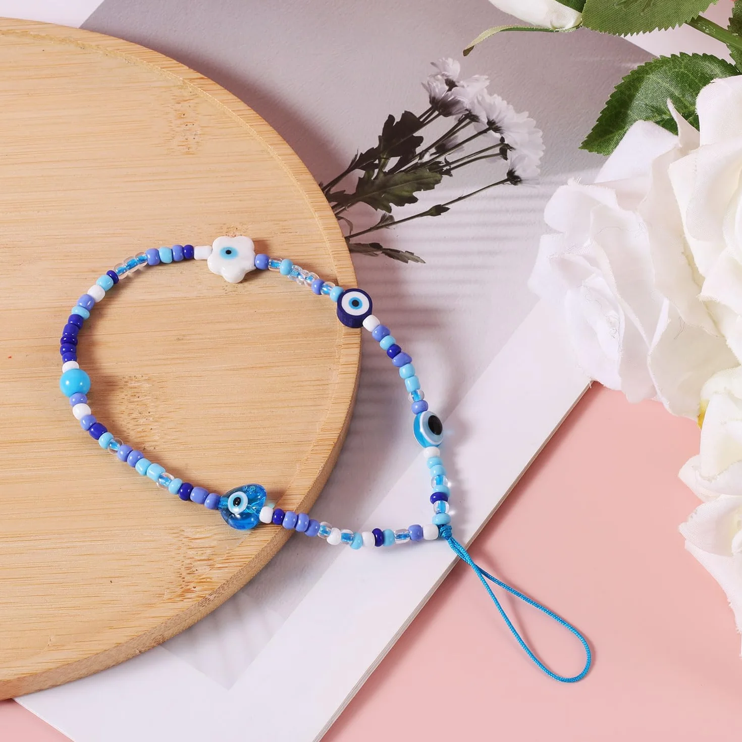 Evil Eye Zawieszka do Telefonu Komórkowego Beaded Lanyard Cell Phone Wristband Niebieski